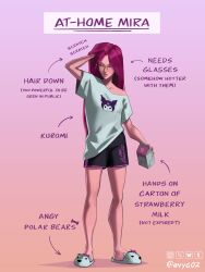  1girl animal_slippers arm_at_side arrow_(symbol) artist_name avyc02 baggy_clothes bare_legs black_shorts breasts brown_eyes character_name closed_mouth commentary drink_carton english_commentary english_text full_body glasses gradient_background hand_in_own_hair highres holding kpop_demon_hunters legs_apart long_hair long_legs looking_down looking_to_the_side milk_carton mira_(kpop_demon_hunters) pink_background print_shirt round_eyewear shirt shorts simple_background single_off_shoulder slim_legs slippers small_breasts standing t-shirt very_long_hair violet_eyes 