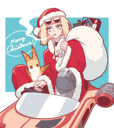  1girl 5health absurdres blonde_hair blue_eyes cat christmas cigarette driving eyewear_on_head hat highres holding holding_sack hover_vehicle lego merry_christmas sack santa_hat shin_hati short_hair smoking star_wars star_wars:_ahsoka sunglasses 