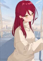  1girl 2kasa_p blush clover_hair_ornament commentary ferris_wheel_interior gold_necklace hair_bun hair_ornament hairclip half_updo highres jewelry long_hair long_sleeves looking_at_viewer love_live! love_live!_sunshine!! necklace red_hair sakurauchi_riko single_side_bun sitting solo sunset sweater upper_body white_sweater yellow_eyes 