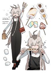  1girl ahoge animal_ears black_overalls black_pants black_shirt blush closed_mouth commentary_request dango eating food grey_hair grey_tail hair_between_eyes highres holding holding_food horse_ears horse_girl horse_tail long_hair long_sleeves multicolored_hair oguri_cap_(umamusume) oromnt overalls pants shirt tail umamusume wagashi 