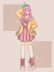  1girl alternate_costume alternate_hairstyle arm_behind_head arm_up aubrey_(faraway)_(omori) aubrey_(omori) black_eyes blowing_bubble_gum blue_ribbon blush boots bright_pupils chewing_gum commentary double-parted_bangs full_body hair_between_eyes hair_ribbon highres invisible_floor long_hair long_sleeves looking_at_viewer mika_yesha omori pink_hair pink_nails pink_skirt pleated_skirt ribbon sidelocks skirt solo standing thigh-highs unmoving_pattern white_boots white_pupils white_thighhighs 
