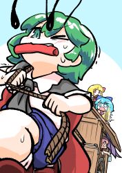  4girls absurdres antennae black_cape blonde_hair blue_eyes blue_hair blue_shorts blush cape cirno collared_shirt commentary_request food food_stand green_eyes green_hair highres holding holding_rope meat multiple_girls mystia_lorelei okamisty one_eye_closed open_mouth pink_eyes pink_hair pulling red_cape red_eyes relay_baton rope rumia shirt short_hair shorts solo_focus sweat tanishi_0 team_9_(touhou) touhou two-sided_cape two-sided_fabric white_shirt wriggle_day wriggle_nightbug yatai 
