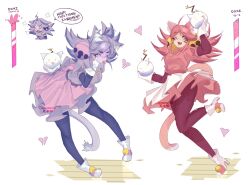  2girls absurdres animal_ear_fluff animal_ears artist_name bell black_eyes blush_stickers bomb boots broken_heart cat_ears cat_girl cat_tail cinnameow commentary deltarune dress english_commentary english_text explosive eyelid_pull fangs ghost_pink_(deltarune) green_eyes hair_bell hair_ornament heart high_heel_boots high_heels highres holding holding_bomb long_hair mad_mew_mew multiple_girls pink_dress purple_dress purple_hair speech_bubble tail thick_eyebrows tiktok_logo tongue tongue_out twitter_x_logo utdr_(toby_fox) vgen_logo watermark white_boots 