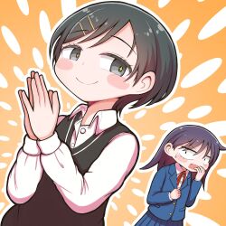  2girls black_eyes black_hair black_sweater_vest blazer blue_jacket blue_skirt blush blush_stickers collared_shirt commentary_request dress_shirt futsuu_no_keion-bu grey_eyes hair_ornament hairclip hatono_chihiro highres jacket kouyama_rin lapels long_hair long_sleeves looking_at_another looking_to_the_side mendakorice multiple_girls neck_ribbon open_mouth orange_background own_hands_together parallel_hairclips pixie_cut red_ribbon ribbon sanpaku school_uniform shirt short_hair side_ahoge skirt smile sweater_vest upper_body wavy_mouth white_shirt wing_collar wolf_cut 