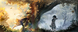  1boy absurdres age_comparison black_hood black_pants black_shirt chinese_commentary commentary_request crossed_arms evening game_asset highres jingran_(wuthering_waves) leaning logo long_hair official_art orange_sky pants rain shirt sky split_theme storm tree wuthering_waves 