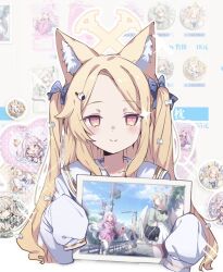 3girls alternate_costume alternate_hairstyle angel_wings animal_ear_fluff animal_ears bag bird blonde_hair blue_archive blue_bow blush bow brown_hair commentary commentary_request cross_halo flower fox_ears frills gold_trim gradient_eyes green_serafuku hair_bow halo heart long_hair long_sleeves mika_(blue_archive) multicolored_eyes multiple_girls multiple_hair_bows nagisa_(blue_archive) open_mouth phone photo_(object) pink_eyes pink_hair pink_halo pink_serafuku pink_skirt sailor_collar school_uniform seia_(blue_archive) serafuku skirt sky sleeves_past_fingers sleeves_past_wrists sparkle_background thigh-highs too_many_bows twintails untranslatable_commentary utility_pole very_long_hair white_bow white_serafuku white_skirt white_thighhighs wing_ornament wings yellow_eyes yellow_halo youguo_naberu 
