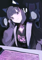  1girl absurdres animal_ear_headphones animal_ears asakura_neko black_eyes black_hair black_shirt brown_jacket cat_ear_headphones cat_ears chair chinese_commentary commentary_request computer_keyboard cytus cytus_ii dark fake_animal_ears gaming_chair head_rest headphones highres jacket lanmoling113 looking_at_viewer meowbot multicolored_hair pink_eyes pink_hair pink_trim screen_light shirt short_hair sitting smile solo streaked_hair swivel_chair 