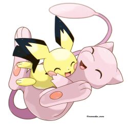  closed_eyes colored_skin commentary_request happy highres hug lying mew_(pokemon) no_humans on_back open_mouth pichu pink_skin pokemon pokemon_(creature) pokemon_focus rorosuke simple_background tail twitter_username white_background yellow_fur 