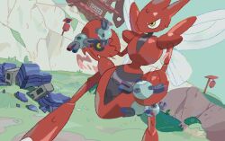  annoyed architecture bug commentary_request east_asian_architecture furrowed_brow grass highres hill house magnemite magnetism minatake motion_blur no_eyebrows no_humans outdoors pokemon pokemon_(creature) pokemon_focus scizor standing sweat wings yellow_eyes 