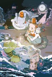  2girls absurdres ampharos beach blue_dress bow brown_eyes brown_hair different_reflection dress dual_persona eating food food_on_head fruit fruit_on_head hair_bobbles hair_ornament highres jacket jasmine_(pokemon) lighthouse long_hair long_sleeves magnemite majyo_(witch_poke) mandarin_orange multiple_girls night object_on_head open_mouth orange_bow patio_umbrella pokemon pokemon_(creature) pokemon_gold/silver/crystal pokemon_heartgold_and_soulsilver red_eyes reflection smile starmie staryu steelix two_side_up ufo white_bow white_dress white_jacket 
