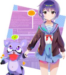  1boy 1girl absurdres android blue_skirt blush bow bowtie brown_cardigan cardigan color_connection english_commentary furry furry_with_non-furry ganjababy123456789 highres indigo_park interspecies kita_high_school_uniform musical_note nagato_yuki open_cardigan open_clothes purple_fur purple_theme raccoon_boy rambley_the_raccoon red_bow red_bowtie red_scarf sailor_collar scarf school_uniform serafuku short_hair skirt sparkle spoken_musical_note suzumiya_haruhi_no_yuuutsu trait_connection 