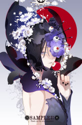  1girl black_hair black_nails brown_eyes brown_lips bug chrysanthemum closed_mouth commission eyeball eyeball_flower eyelashes fingernails flower hair_flower hair_ornament highres lips looking_at_viewer mihuashi_commission nail_polish nilang original purple_flower red_pupils short_hair slit_pupils solo spider upper_body watermark white_flower 