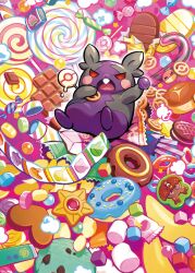  bag_of_chips berry_(pokemon) candy candy_cane character-themed_food chips_(food) chocolate chocolate_bar ditto dot_nose doughnut eevee food food_wrapper full_body galette_(food) greedent heart holding holding_candy holding_food jigglypuff lollipop lum_berry lumiose_galette mago_berry marshmallow morpeko morpeko_(hangry) munchlax nishida_yuu no_humans official_art open_mouth pikachu poke_ball_theme pokemon pokemon_(creature) pokemon_focus pokemon_tcg pokemon_tcg_pocket popcorn solo sprinkles star_(symbol) staryu sweet_heart_(pokemon) sweets swirl_lollipop third-party_source tooth voltorb wrapped_candy 