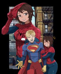  1boy 1girl absurdres blonde_hair blue_bodysuit blush bodysuit breasts brown_eyes brown_hair cape dc_comics genderswap genderswap_(ftm) genderswap_(mtf) highres marvel mask multicolored_bodysuit pencilkami peter_parker petra_parker_(otrebot) red_bodysuit red_cape short_hair spider-man spider-man_(original_suit) spider-man_(series) spider_web_print supergirl superhero_costume superman_(series) superman_logo two-tone_bodysuit 