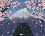  black_cat cat cherry_blossoms commentary danial_ryan day falling giant in_tree lying mount_fuji no_humans original outdoors scenery sitting sitting_in_tree too_many too_many_cats tree white_cat 