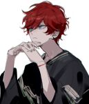  1boy amagi_hiiro black_shirt blue_eyes bracelet earrings ensemble_stars! facing_to_the_side highres jewelry kimichinoname looking_ahead male_focus own_hands_together redhead shirt short_hair short_sleeves sketch solo 
