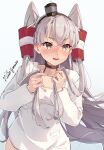  1girl amatsukaze_(kancolle) artist_name blush collarbone cowboy_shot dress fang grey_hair hair_tubes highres himeyamato kantai_collection long_hair long_sleeves open_mouth signature solo two_side_up white_dress yellow_eyes 