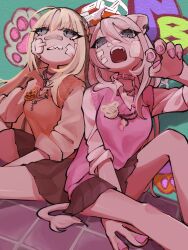  2girls alternate_costume animal_collar animal_ears bandaid bandaid_on_face black_skirt blonde_hair claw_pose collar deformed feet_out_of_frame from_below from_side graffiti grey_eyes grey_hair highres hololive koganei_niko lion_ears lion_girl lion_tail long_hair looking_at_viewer looking_to_the_side miage_midori multiple_girls on_floor open_mouth orange_sweater_vest pink_nails pink_sweater_vest shirt shishiro_botan sitting skirt sleeves_rolled_up sweater_vest tail tile_floor tiles virtual_youtuber watermark white_shirt 