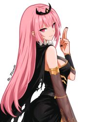  1girl absurdres artist_name bare_shoulders black_cape black_dress black_nails black_tiara blush bracer breasts brown_sleeves cape closed_mouth commentary detached_sleeves dress fingernails highres hololive hololive_english long_hair long_sleeves looking_at_viewer mori_calliope nail_polish pink_eyes pink_hair pink_lips re_plicante shoulder_spikes simple_background single_detached_sleeve smile solo spikes tiara twitter_username virtual_youtuber white_background 