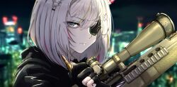  1girl absurdres animal_ears black_jacket blurry blurry_background blush bullet city_lights commentary_request expressionless eyepatch fingerless_gloves from_side gloves grey_eyes grey_hair gun hair_ornament high_up highres holofive hololive jacket lion_ears lion_girl looking_at_viewer multicolored_hair night outdoors rifle scope shell_casing shishiro_botan sniper_rifle solo streaked_hair upper_body virtual_youtuber weapon x_hair_ornament zexalmike 