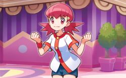  1girl :3 blue_shorts clenched_hands closed_mouth collarbone cowboy_shot eyelashes hair_ornament hairclip indoors medium_hair nishida_yuu official_art outline pink_eyes pink_hair plant pokemon pokemon_heartgold_and_soulsilver pokemon_tcg pokemon_tcg_pocket potted_plant shirt short_sleeves shorts smile solo third-party_source twintails white_outline white_shirt whitney_(pokemon) wristband 