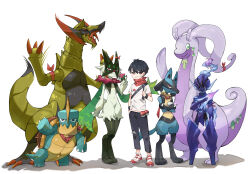  1boy 3others absurdres animal_ears animal_feet animal_hands animal_nose arm_at_side arm_blade arm_up armor arms_up bag bandaid bandaid_on_cheek bandaid_on_face bandana bandana_around_arm bandana_around_neck black_eyes black_fur black_hair black_pants black_sclera black_skin blue_fur blue_hair body_fur capri_pants ceruledge claws closed_mouth colored_sclera colored_skin commentary crossed_arms drednaw english_commentary eye_trail fang fangs_(pixiv_54198849) fiery_hair flower full_body furry goodra gradient_hair green_eyes green_fur green_hair groin half-closed_eyes hand_in_pocket hand_up happy haxorus helmet high_ponytail highres holding holding_plant holding_strap legs legs_together light_trail looking_at_viewer lucario meowscarada mixed-language_commentary multicolored_fur multicolored_hair multiple_others navel no_mouth no_socks open_mouth original pants plant poke_ball poke_ball_(basic) poke_ball_print poke_ball_symbol pokemon pokemon_(creature) pokemon_team ponytail print_shirt purple_armor purple_hair purple_helmet red_bandana red_eyes red_flower red_shoes red_trim sharp_teeth shirt shoes short_hair short_sleeves shoulder_bag simple_background skin_fang slime_(substance) smile sneakers snout spikes standing stomach tail teeth torn_clothes torn_pants two-tone_fur two-tone_hair violet_eyes waving weapon white_background white_shirt wolf_ears wolf_tail wristband yellow_fur 