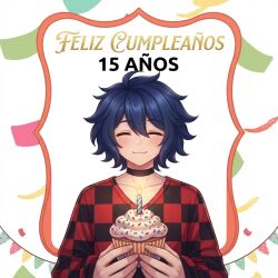  ai_generated alel_shifter_(oc) birthday blue_hair choker closed_eyes cupcake holding_object messy_hair plaid red_shirt smiling solo 