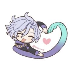  1boy :d ^_^ ahoge arm_up artist_name black_cape black_jacket blush cape chibi chibi_only closed_eyes commentary_request genshin_impact grey_hair hair_between_eyes heart heart_arms jacket long_sleeves male_focus mitya_(genshin_impact) open_mouth panri parted_bangs purple_cape short_hair simple_background smile solo twitter_username upper_body white_background 