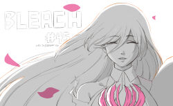  1girl bleach bleach:_sennen_kessen-hen closed_eyes collared_vest commentary_request detached_sleeves floating_hair gloriosa_(flower) hair_between_eyes highres inoue_orihime long_hair petals pink_petals shaolong torn_clothes vest 