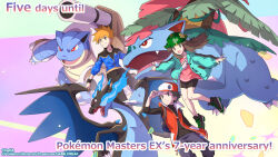  1girl 2boys :d absurdres bike_shorts black_pants blastoise blue_jacket blue_oak blue_oak_(sygna_suit) brown_hair charizard closed_mouth floating_hair green_hat green_jacket hand_on_headwear hat highres jacket knees_together_feet_apart leaf_(pokemon) leaf_(sygna_suit)_(pokemon) long_hair mega_blastoise mega_charizard_x mega_venusaur multiple_boys official_alternate_costume official_art open_clothes open_jacket open_mouth pants pink_shirt pokemon pokemon_(creature) pokemon_masters_ex red_(pokemon) red_(sygna_suit)_(pokemon) shirt shoes short_hair smile spiky_hair venusaur watermark wristband 