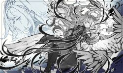  1girl artmage_finmel artmage_non_finito commentary_request crown dress duel_monster greyscale hair_spread_out long_hair monochrome multiple_wings projected_inset second-party_source solo wings yu-gi-oh! yuui1994 