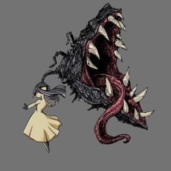  black_skin colored_skin commentary english_commentary extra_mouth grey_background highres living_hair mawile multicolored_skin no_humans numenoko pokemon pokemon_(creature) pokemon_focus red_eyes sharp_teeth simple_background solo teeth tongue two-tone_skin yellow_skin 