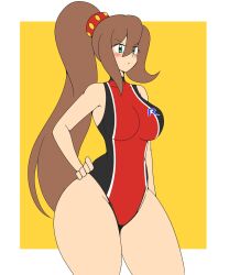  1girl absurdres black_one-piece_swimsuit breasts brown_hair davidart1996 green_eyes hair_between_eyes hand_on_own_hip highres huge_breasts iris_(mega_man) iris_-another-_(mega_man) light_blush long_hair looking_at_viewer mega_man_(series) mega_man_x_(series) mega_man_x_dive multicolored_one-piece_swimsuit one-piece_swimsuit ponytail red_one-piece_swimsuit serious solo swimsuit thick_thighs thighs v-shaped_eyebrows very_long_hair wide_hips 