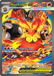  artist_name bright_pupils card_(medium) character_name claws closed_mouth commentary company_name copyright_name copyright_notice emboar english_commentary english_text fangs fire foreshortening full_body holding holding_weapon mega_emboar mega_evolution_symbol mega_pokemon nagimiso nostrils official_art outstretched_arm pignite pokemon pokemon_card pokemon_tcg red_eyes solo standing third-party_source trading_card weapon white_pupils 