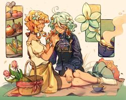  2girls ahoge black_shorts black_vest blonde_hair blue_flower cake cake_slice closed_eyes clothes_around_waist commentary commission cup cupcake english_commentary eyachim flower food furina_(genshin_impact) genshin_impact green_hair hair_flower hair_ornament hand_on_another's_thigh highres jewelry lumine_(genshin_impact) macaron multiple_girls off-shoulder_shirt off_shoulder parted_lips picnic picnic_basket picnic_blanket pink_flower purple_shirt ring sandwich saucer shirt short_hair_with_long_locks shorts smile socks sweater sweater_around_waist teacup tiered_tray vest wedding_ring white_shirt white_socks wife_and_wife yellow_flower yellow_sweater yuri 