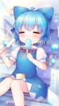 1girl ahoge blue_bow blue_dress blue_hair blush bow cirno closed_eyes coa_(chroo_x) detached_wings dress fairy feet_out_of_frame food hair_bow highres holding holding_food ice ice_wings popsicle puffy_short_sleeves puffy_sleeves shirt short_hair short_sleeves solo touhou white_shirt wings 