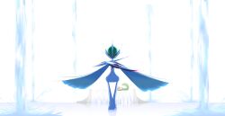  1boy 1girl absurdres arm_blade backlighting blue_hair closed_mouth colored_skin commentary_request fighting_stance full_body gallade gardevoir green_hair hair_between_eyes hand_up highres looking_at_viewer lying mega_gallade mega_pokemon mohawk multicolored_hair on_back on_bed outstretched_arm pokemon pokemon_(creature) red_eyes reflective_floor serious short_hair solo_focus standing straight-on takaaki_(pixiv_13060173) two-tone_hair water waterfall weapon white_background white_skin white_theme 