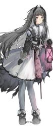  1girl absurdres ammunition_belt arknights artist_name black_boots black_gloves boots dress full_body gloves grey_eyes grey_hair gun handgun head_wings highres holding holding_lantern irene_(arknights) keyv1q lantern looking_at_viewer pantyhose school_uniform solo standing weapon white_dress white_pantyhose wings 