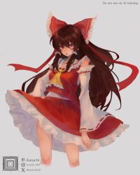  1girl absurdres artist_name ascot bow brown_eyes brown_hair commentary detached_sleeves frilled_bow frilled_hair_tubes frills grey_background hair_bow hair_tubes hakurei_reimu highres instagram_logo katachi646 long_hair red_bow red_skirt ribbon-trimmed_sleeves ribbon_trim simple_background skirt skirt_set solo touhou twitter_x_logo very_long_hair watermark yellow_ascot 