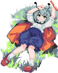  1girl 999_(hansode) antennae arms_up black_cape blue_shorts blush cape collared_shirt commentary_request full_body grass green_eyes green_hair highres looking_at_viewer lying mary_janes on_back on_ground open_mouth pixel_art red_cape red_shoes relay_baton shirt shoes short_hair short_sleeves shorts socks solo touhou two-sided_cape two-sided_fabric white_shirt white_socks wriggle_day wriggle_nightbug 