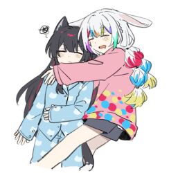 2girls alternate_costume animal_ears black_hair black_shorts blue_pants blue_shirt chinese_zodiac closed_eyes colored_tips commentary_request highres jacket jogasaki_noah kemonomimi_mode long_hair long_sleeves mahou_shoujo_no_majo_saiban multi-tied_hair multicolored_hair multiple_girls nikaido_hiro open_mouth pajamas pants pink_jacket polka_dot polka_dot_jacket rice125789 shirt shorts simple_background sleeping squiggle streaked_hair white_background white_hair year_of_the_rabbit yuri 