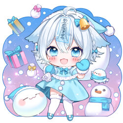  1girl :d ahoge animal_ears bell blue_bow blue_capelet blue_dress blue_eyes blue_hat blue_mittens blue_scarf blue_shoes blush bow box braid capelet chibi chitetan christmas commentary_request copyright_request dotted_line dress frilled_capelet frills fringe_trim full_body fur-trimmed_headwear fur-trimmed_mittens fur-trimmed_thighhighs fur_trim gift gift_box grey_hair hair_bell hair_between_eyes hair_bow hair_intakes hair_ornament hat heart mittens ofuda santa_hat scarf shoes smile snowman solo thigh-highs twin_braids virtual_youtuber watermark white_thighhighs 