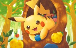  1other :3 berry_(pokemon) blush_stickers commentary_request dappled_sunlight food fruit holding holding_food holding_fruit in_tree leaning_forward leppa_berry ma-hain-scarlet open_mouth oran_berry outdoors pecha_berry pikachu pokemon pokemon_(creature) pokemon_focus solo sunlight tail tree yellow_fur 