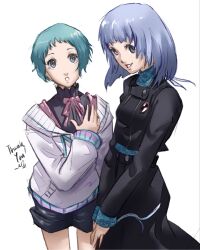  2girls :o alternate_costume aqua_hair black_jacket black_shorts black_skirt commentary cosplay costume_switch gekkoukan_high_school_uniform grey_hair height_difference highres in-franchise_crossover jacket long_hair long_sleeves multiple_girls neck_ribbon persona persona_3 persona_5 persona_5:_the_phantom_x pink_ribbon ribbon sawara_miyu sawara_miyu_(cosplay) school_uniform short_hair shorts simple_background skirt smile thank_you violet_eyes white_background xeeoh yamagishi_fuuka yamagishi_fuuka_(cosplay) 