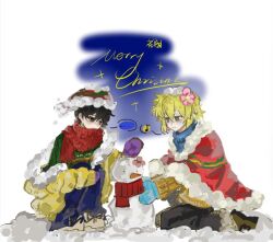  ... 2boys alternate_costume basil_(faraway)_(omori) basil_(omori) black_eyes black_hair black_pants blonde_hair blue_eyes blue_pants chiaki143 chinese_commentary commentary_request flower green_sweater hair_flower hair_ornament hat long_sleeves male_focus merry_christmas multiple_boys musical_note omori pants red_scarf santa_hat scarf short_hair sidelocks snow snowman speech_bubble spoken_ellipsis spoken_musical_note sunny_(omori) sweater 