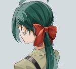  1girl ahoge bow commentary_request dated earrings genjitsu_o_miro green_hair grey_background hair_bow highres jewelry long_hair pokemon pokemon_sv ponytail red_bow rika_(pokemon) shirt simple_background solo suspenders twitter_username 