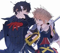  2boys amamiya_ren arm_up attakaimizu7619 belt belt_buckle black_belt black_coat black_gloves black_hair black_pants black_shirt blue_eyes broken_mask brown_hair buckle buttons charm_(object) coat collarbone cowboy_shot cropped_jacket crown_necklace fingerless_gloves gloves highres hood hood_down hooded_jacket jacket jewelry joker_(persona_5) kingdom_hearts lapels looking_to_the_side male_focus mask multicolored_shirt multiple_boys necklace open_clothes open_coat open_mouth pants persona persona_5 pouch profile red_gloves shirt short_hair sideways_glance simple_background sleeve_cuffs sora_(kingdom_hearts) super_smash_bros. thigh_pouch unzipped v-neck white_background white_mask yellow_eyes 