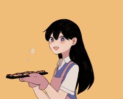  1girl alternate_costume apron baking_sheet black_eyes black_hair blush bright_pupils collared_shirt commentary_request double-parted_bangs hair_behind_ear hair_between_eyes hasu_art highres holding holding_baking_sheet holding_tray long_hair looking_at_viewer mari_(faraway)_(omori) mari_(omori) omori open_mouth orange_background oven_mitts pink_apron shirt simple_background smile solo teeth tray upper_teeth_only white_pupils 