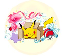  :3 alpha_transparency artist_request blue_ribbon bow box cardboard_box closed_eyes closed_mouth dot_nose gift gift_box in_box in_container lying no_humans official_art on_stomach pikachu pillow pink_ribbon poke_ball poke_ball_(basic) pokemon pokemon_(creature) pokemon_focus ribbon second-party_source simple_background sleeping smile solo star-shaped_pillow star_(symbol) striped_bow transparent_background 
