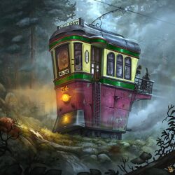  1boy artist_logo black_coat cable cable_car coat commentary dilapidated english_commentary english_text faceless faceless_male fog forest hat highres ladder leaf log logo long_coat motor_vehicle nature original outdoors plant rock rust scenery smoke smoking smoking_pipe top_hat tree waltjan water wide_shot 